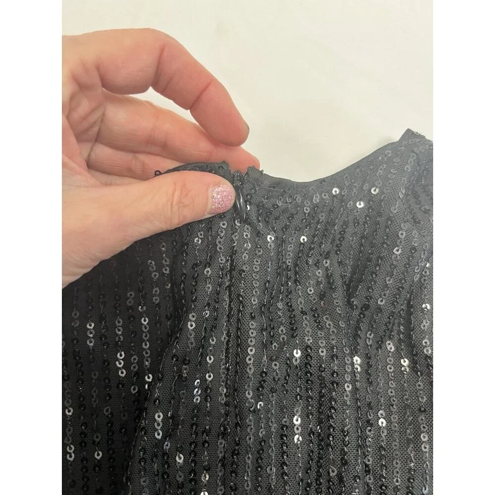 Sexy/Classy Double Crazy Black Sequin Long Sleeve Wrap Dress L 🤍 - Picture 5 of 8